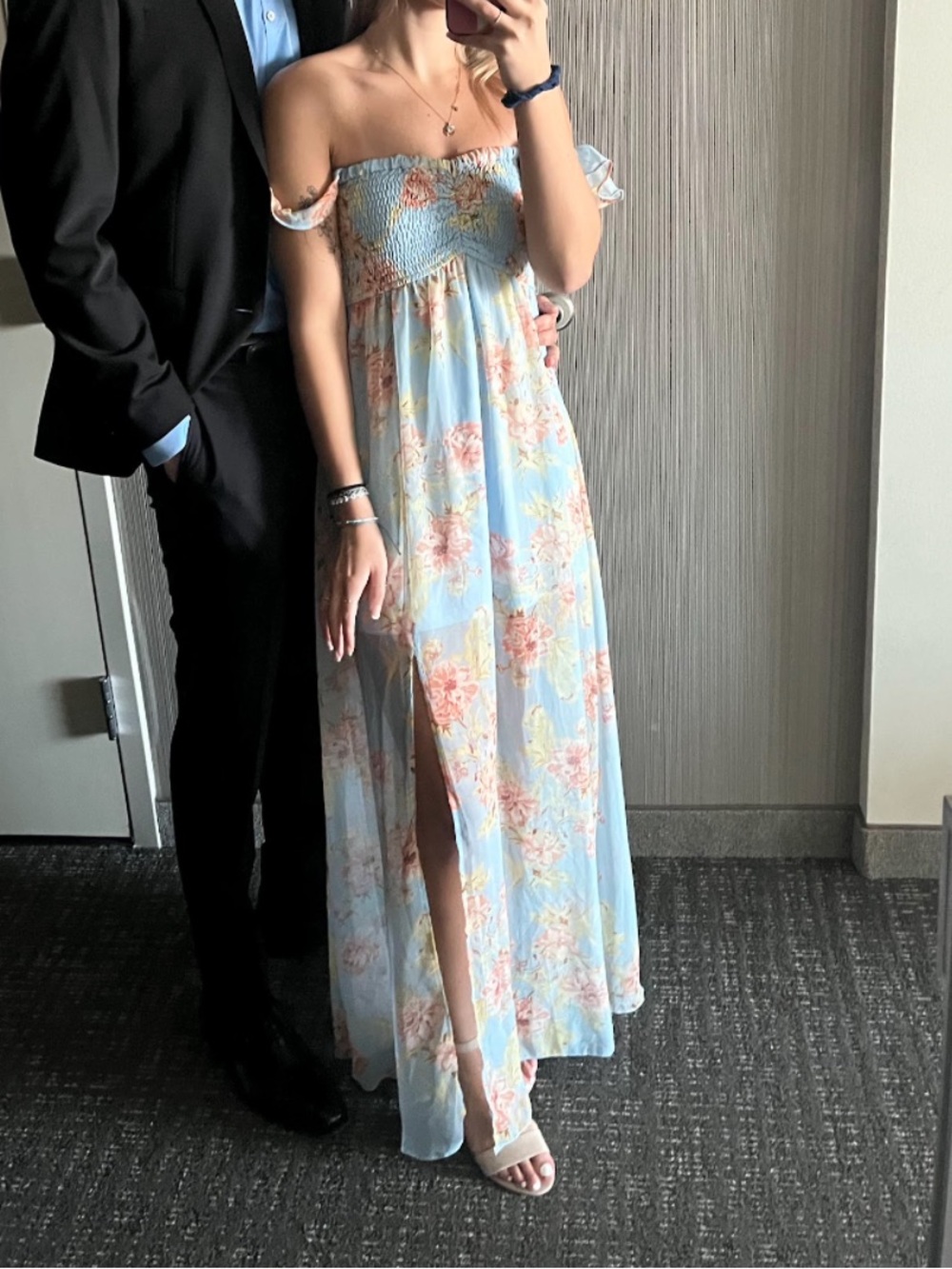 Aakaa Light Blue Floral Off-Shoulder Maxi Dress